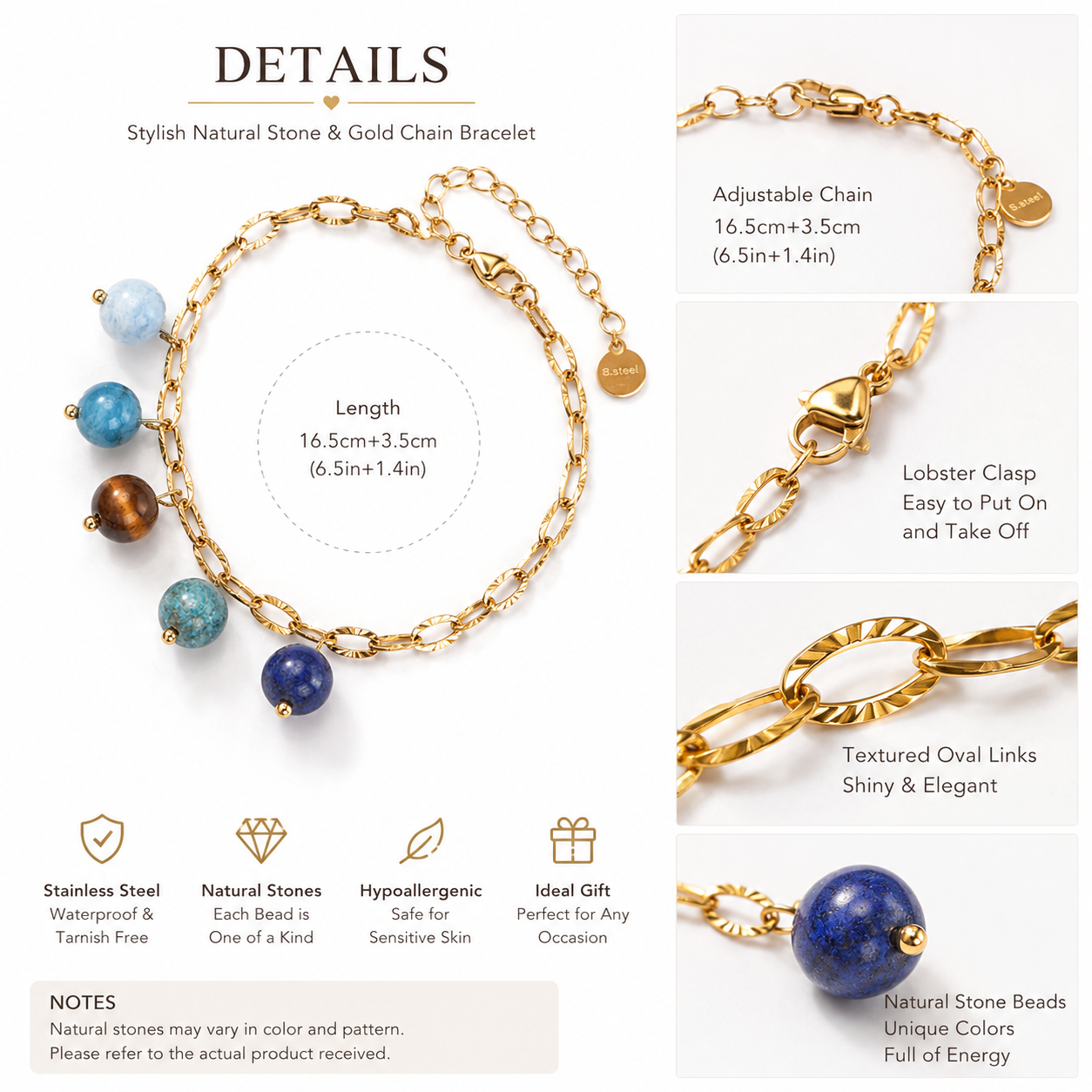 18K Gold-Plated Stainless Steel Nature Stone Extension Stack Bracelets