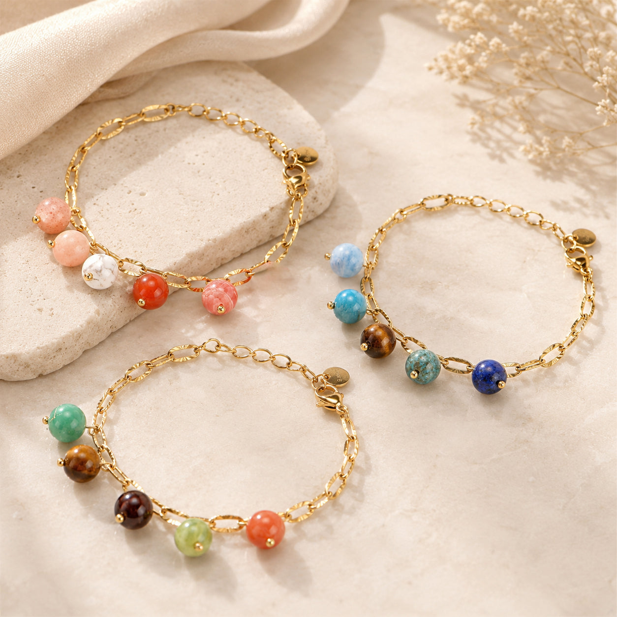 18K Gold-Plated Stainless Steel Nature Stone Extension Stack Bracelets