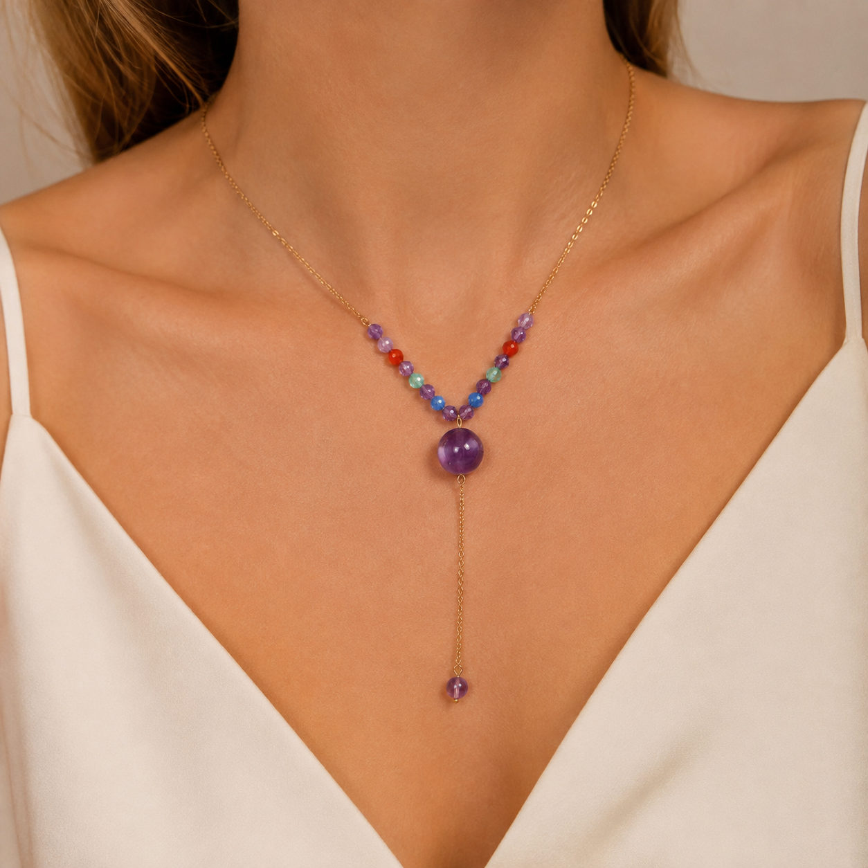 Stainless Steel Semi-Precious Stone Beaded Pendant Extension Necklace