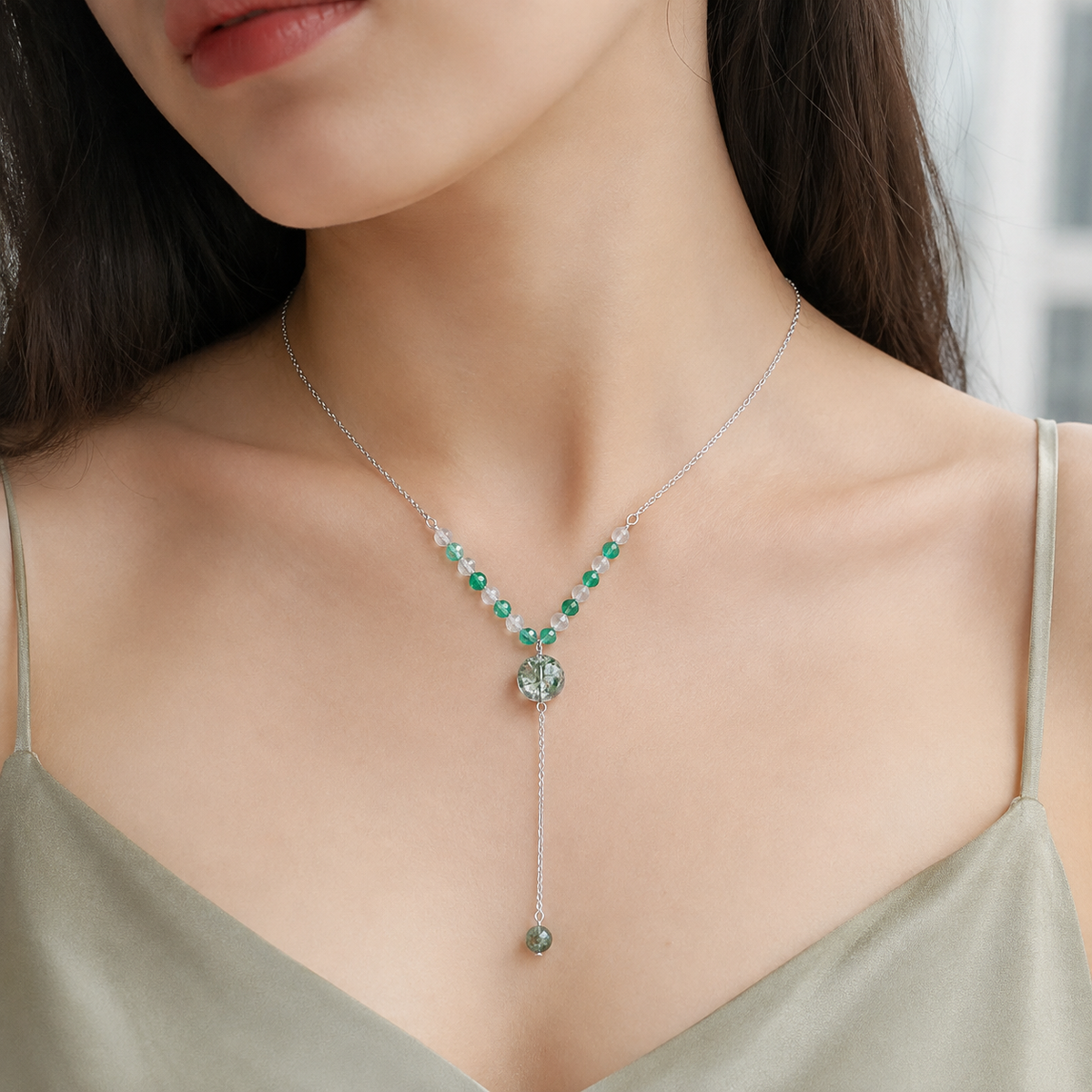 Stainless Steel Semi-Precious Stone Beaded Pendant Extension Necklace