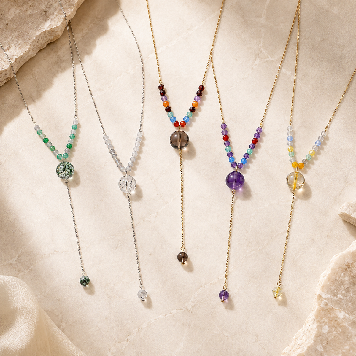 Stainless Steel Semi-Precious Stone Beaded Pendant Extension Necklace