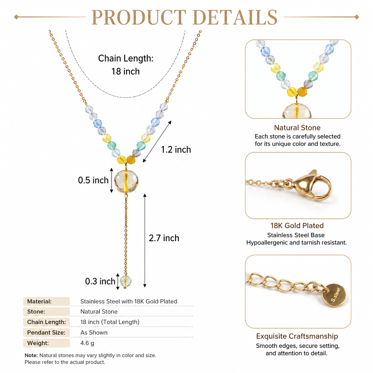 Stainless Steel Semi-Precious Stone Beaded Pendant Extension Necklace