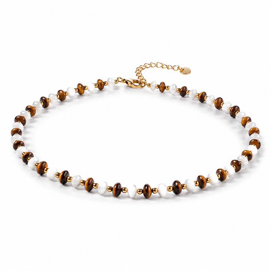 Stainless Steel 18K Gold-Plated Tiger Eye Beaded Necklace Fine Jewelry