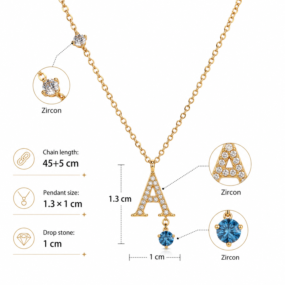 Stainless Steel 18K Gold-Plated Initial 26 Letters  Zircon Necklaces