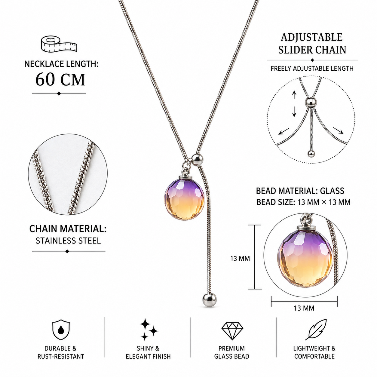 Stainless Steel 18K Gold-Plated Adjustable Faceted Glass Pendant Necklace