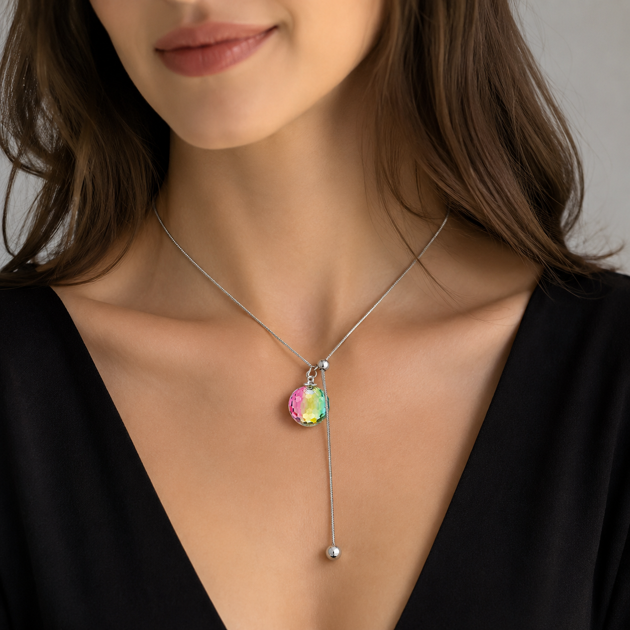 Stainless Steel 18K Gold-Plated Adjustable Faceted Glass Pendant Necklace