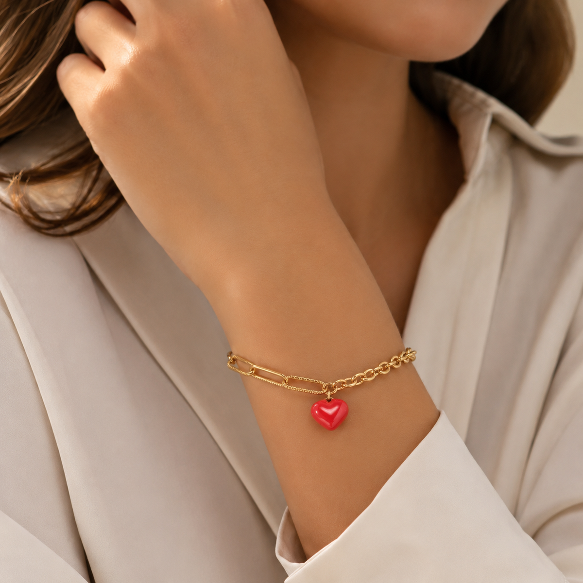 Stainless Steel 18K Gold-Plated Red Heart Bracelet