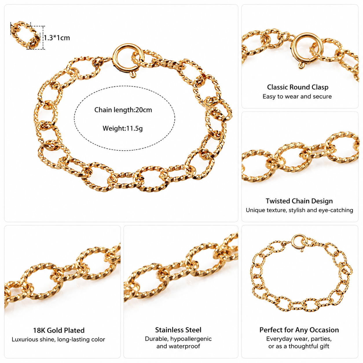 Stainless Steel 18K Gold-Plated Chain Bracelet Waterproof and hypoallergenic