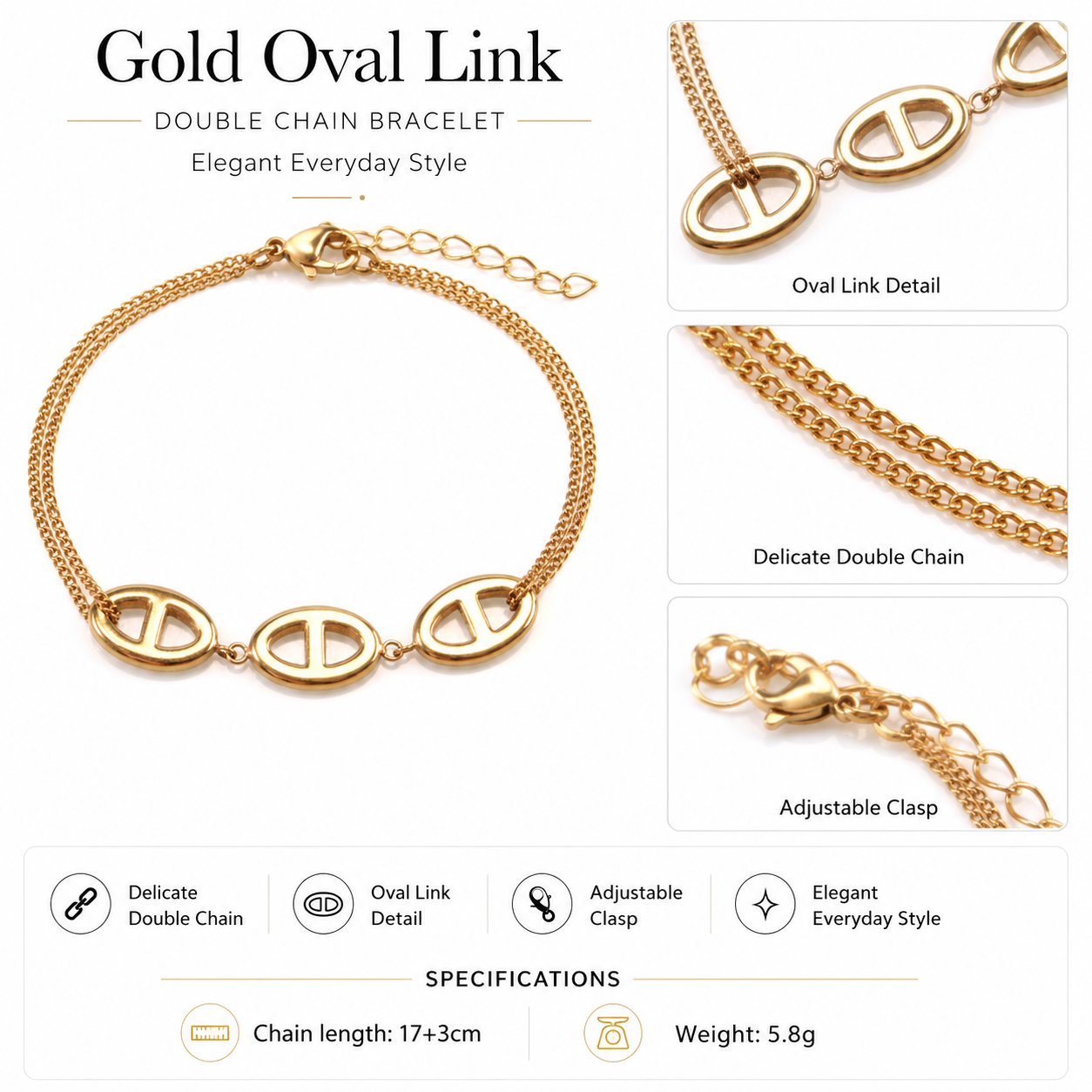 18K Gold Plated Stainless Steel Double Chain Oval Link Bracelet for Women Stainless Steel 18K Gold-Plated Knot Bracelet Waterproof and hypoallergenic