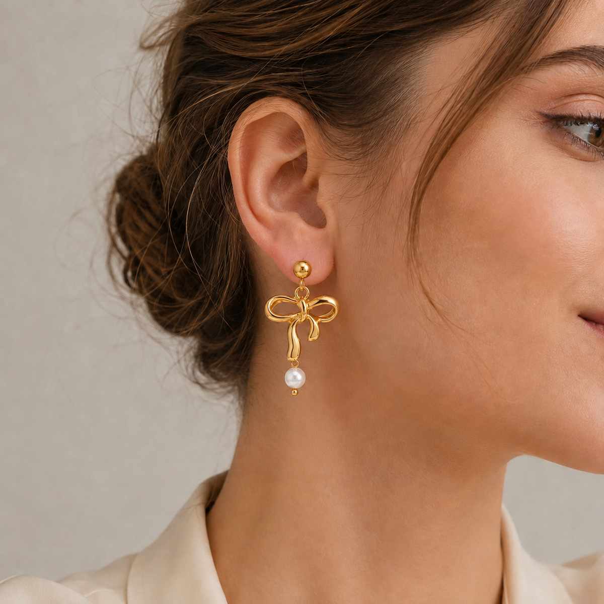 Stainless Steel 18K Gold-Plated Bow-Knot Shell Pearl Earrings Waterproof and Hypoallergenic