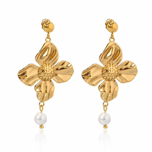 18K Gold-Plated Stainless Steel Shell Pearl Floral Earrings Waterproof and Hypoallergenic