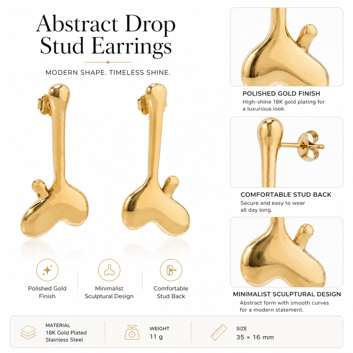 18K Gold-Plated Stainless Steel Teardrop Heart Earrings Waterproof and Hypoallergenic