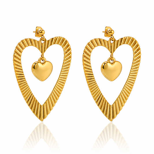 Stainless Steel 18K Gold Plating Heart in Heart Drop Earring Waterproof and Hypoallergenic
