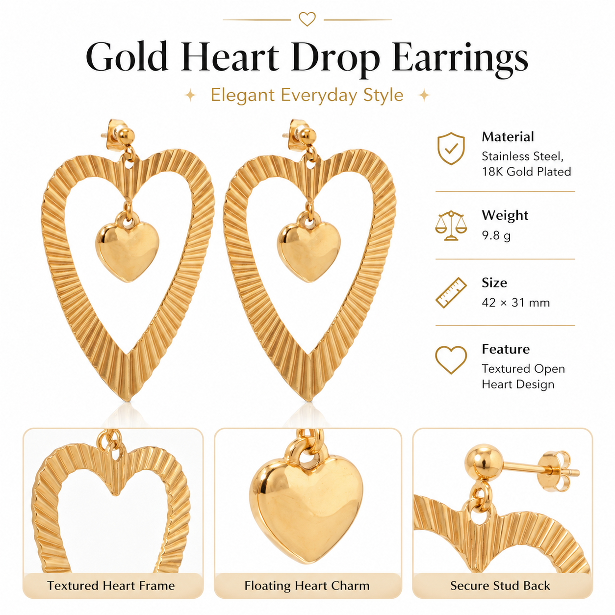 Stainless Steel 18K Gold Plating Heart in Heart Drop Earring Waterproof and Hypoallergenic