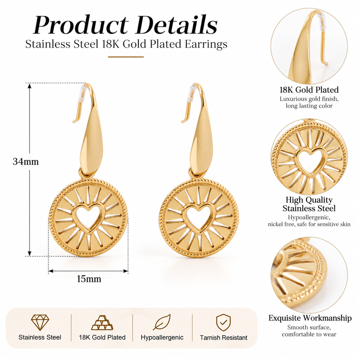 Stainless Steel 18K Gold Plating  Hollow Heart Drop Earring Waterproof and Hypoallergenic