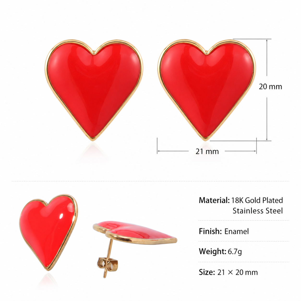 18K Gold Plated Stainless Steel Red Enamel Heart Stud Earrings for Women Waterproof and Hypoallergenic