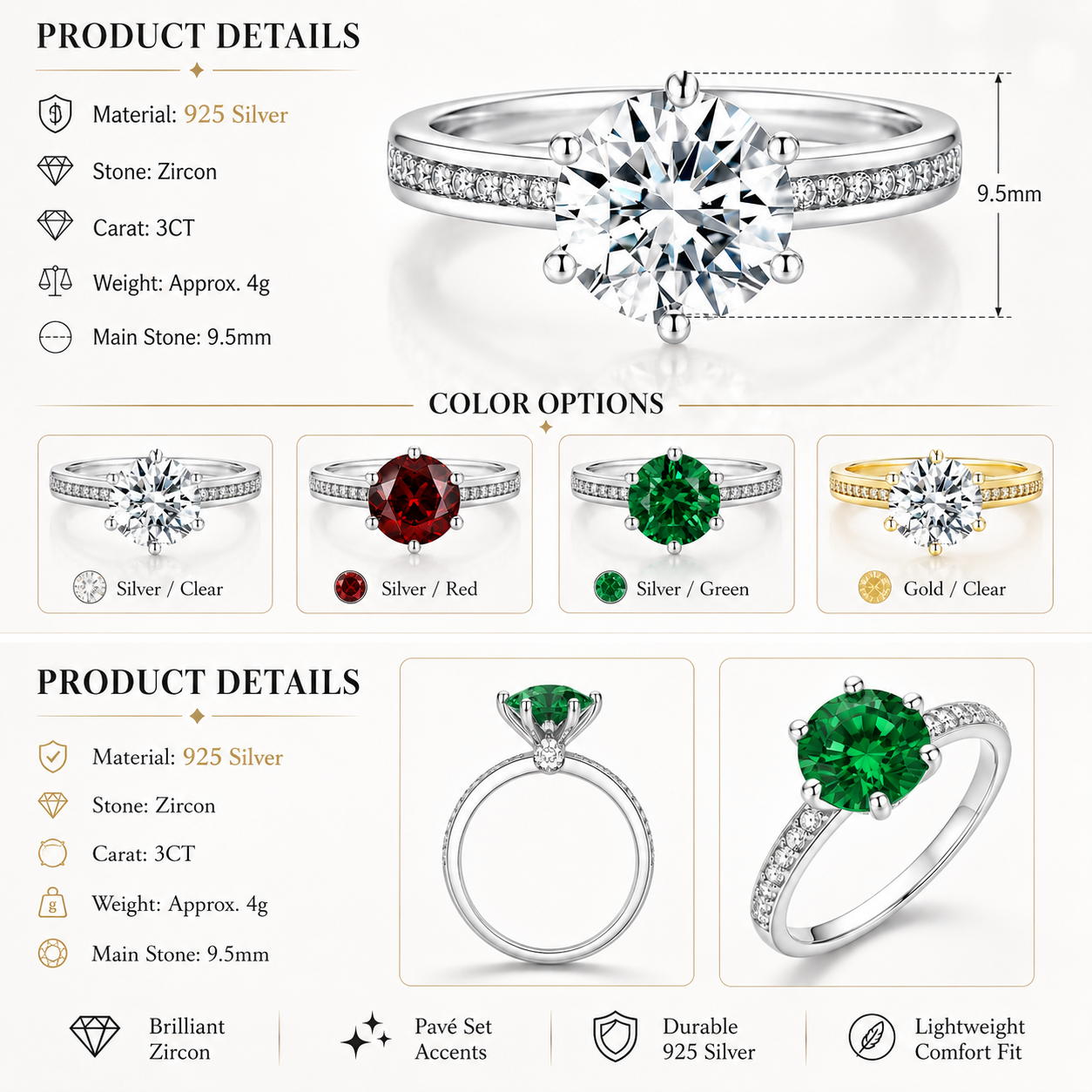 6 Prong 3CT Round Brilliant Cubic Zirconia Engagement Ring Pave Accent Band Women Wedding Promise Ring