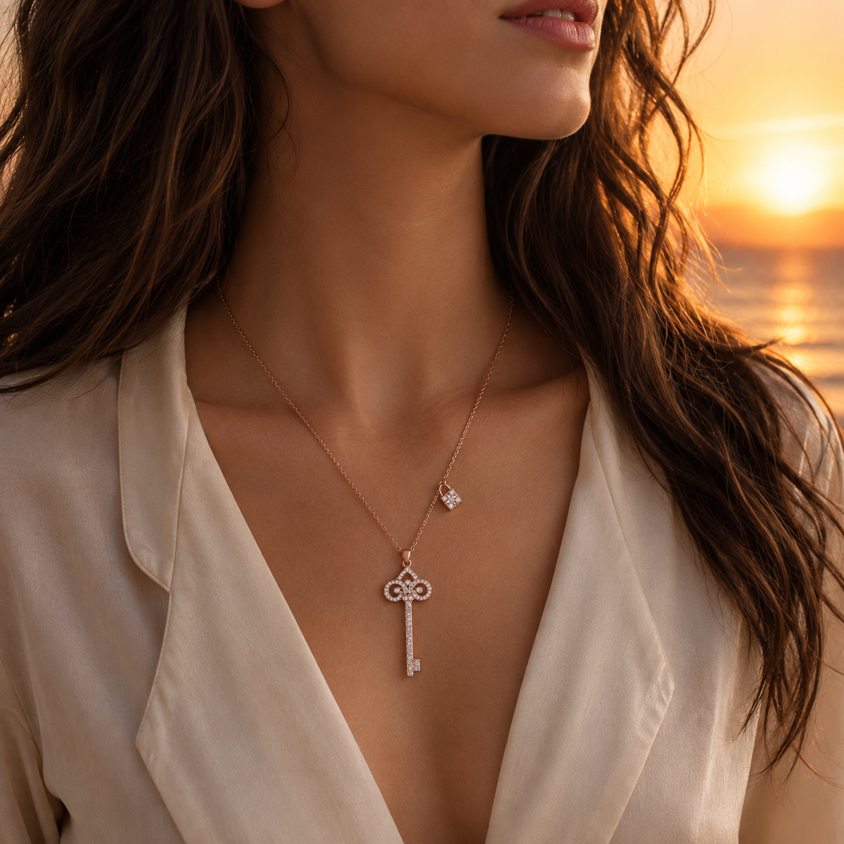 925 Sterling Silver Key Pendant Necklace Embellished With Zirconia