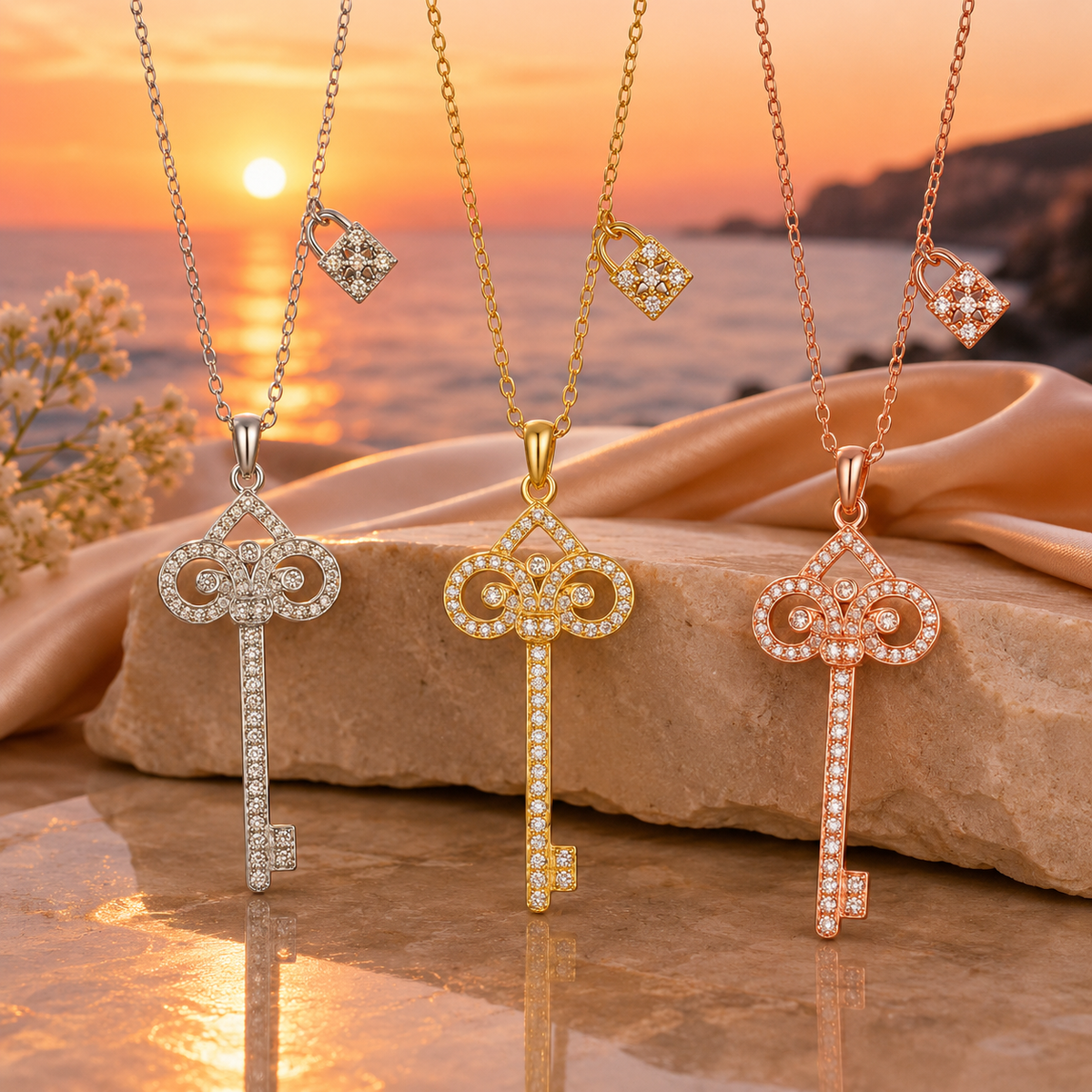 925 Sterling Silver Key Pendant Necklace Embellished With Zirconia