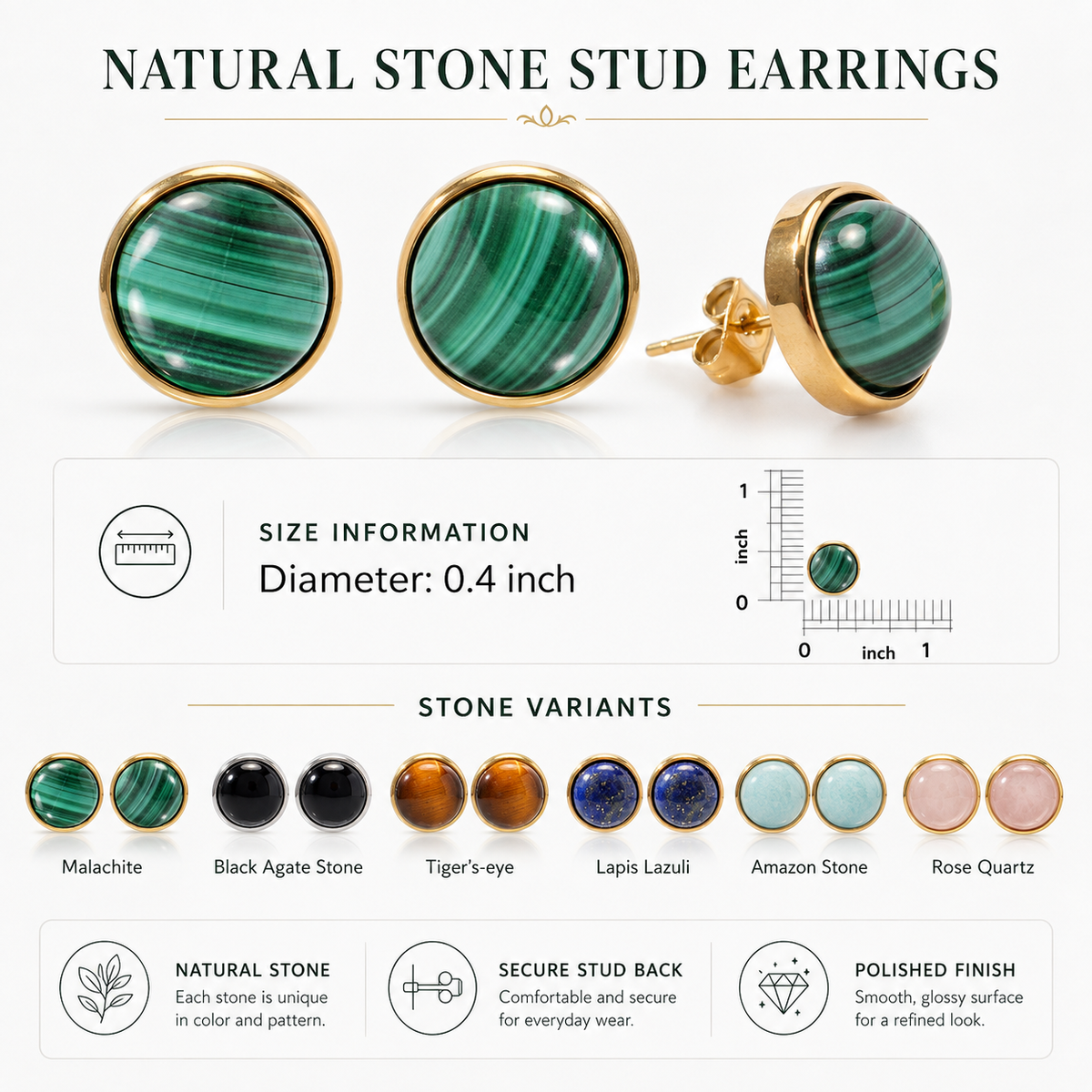 Women's Fine Jewelry Stainless Steel 18K Gold-Plated Natural Stone Earrings