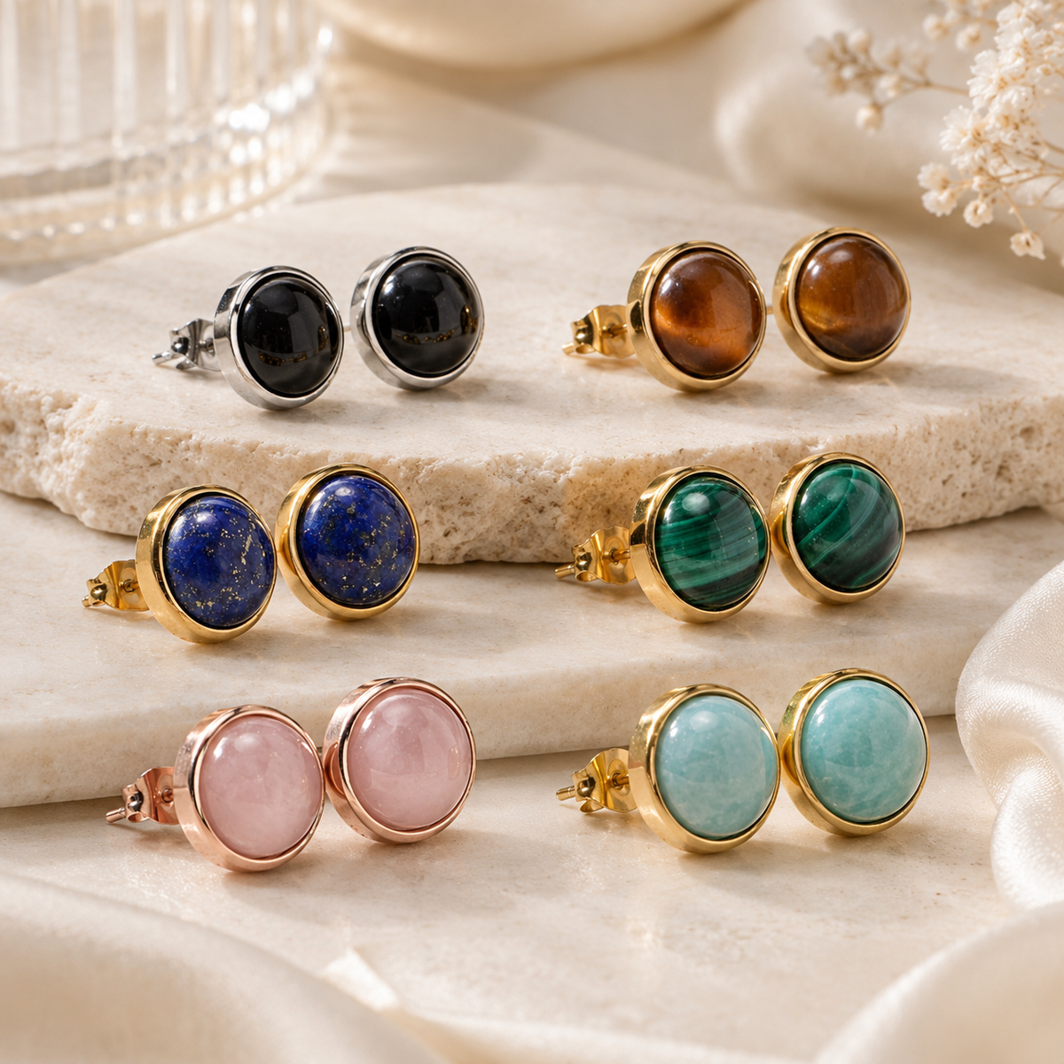 Women's Fine Jewelry Stainless Steel 18K Gold-Plated Natural Stone Earrings