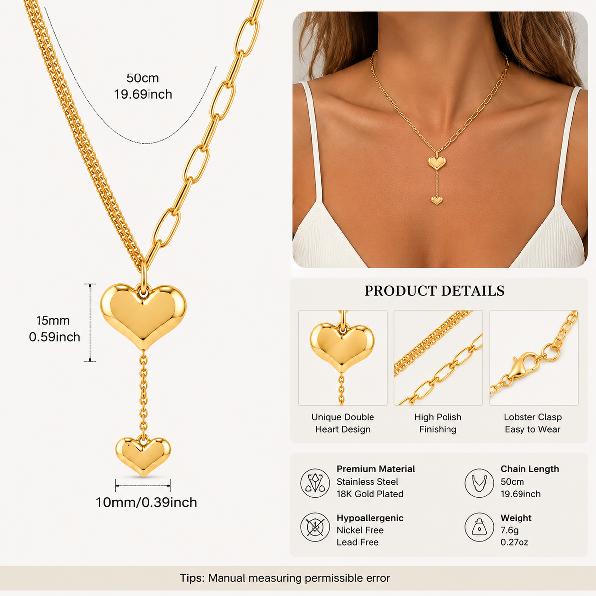Stainless Steel 18K Gold-Plated double heart necklace