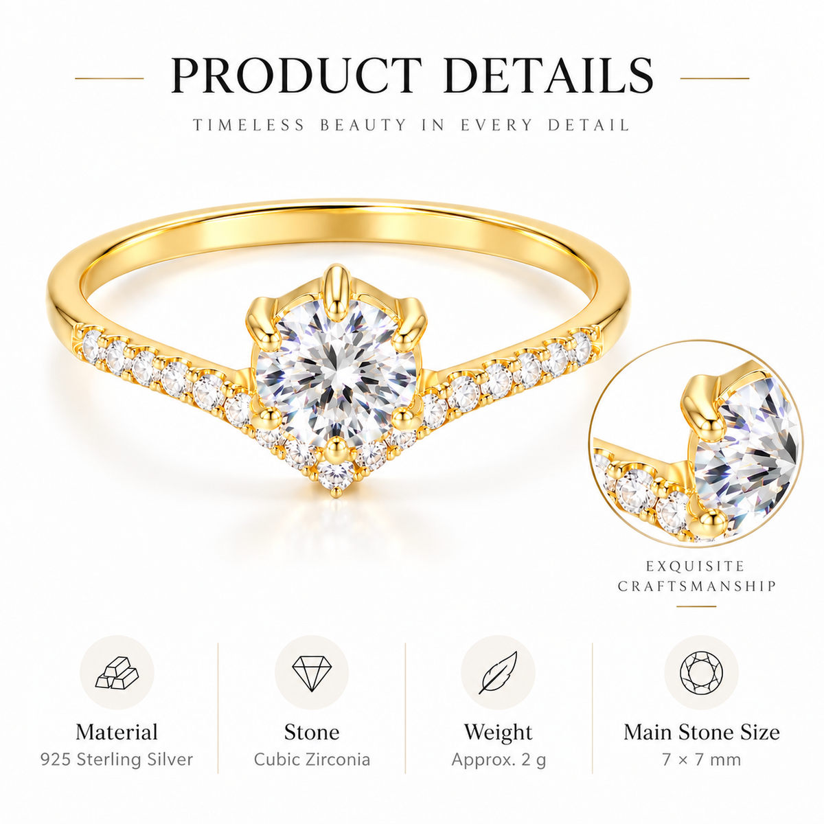 925 Sterling Silver Cubic Zirconia Ring for Women – Gold Minimal Promise Engagement Ring
