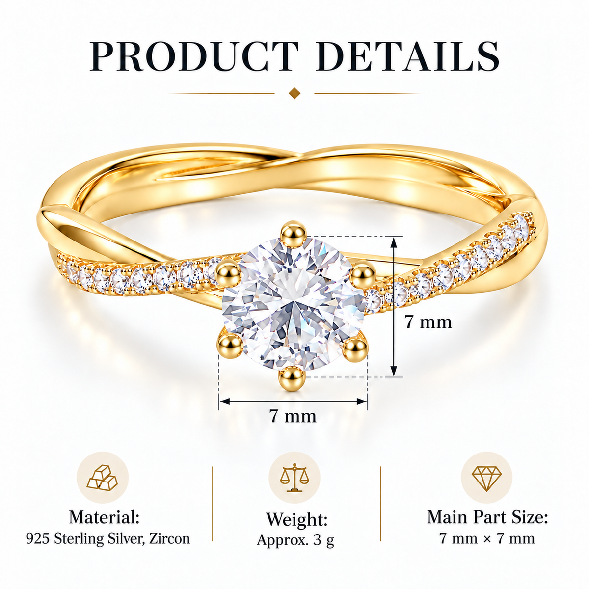 18K Gold Plated 925 Sterling Silver Round Cut CZ Twist Ring for Women – Colorful Pavé Engagement & Promise Ring