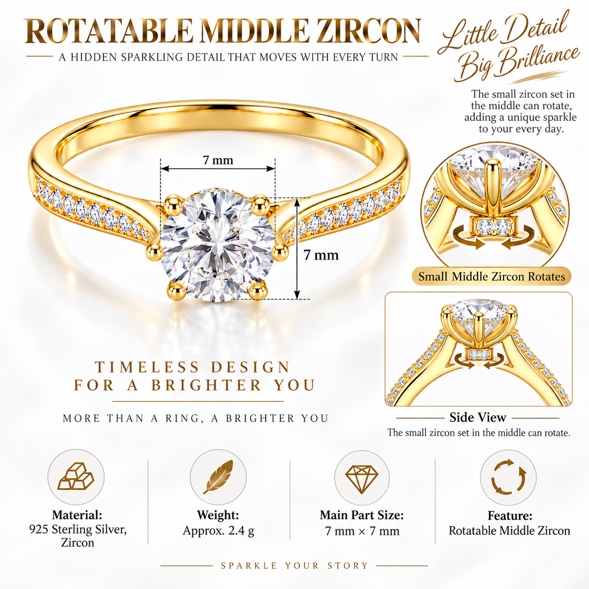 18K Gold Plated 925 Sterling Silver Rotatable CZ Ring for Women – Sparkling Spinner Fidget Promise Band