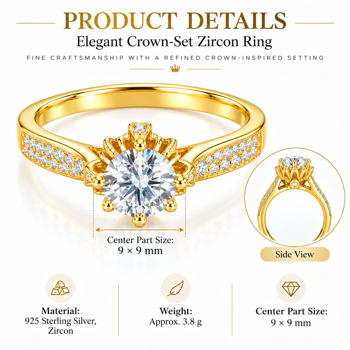 18K Gold Plated 925 Sterling Silver Crown Set CZ Engagement Ring for Women – Royal Tiara Promise Band