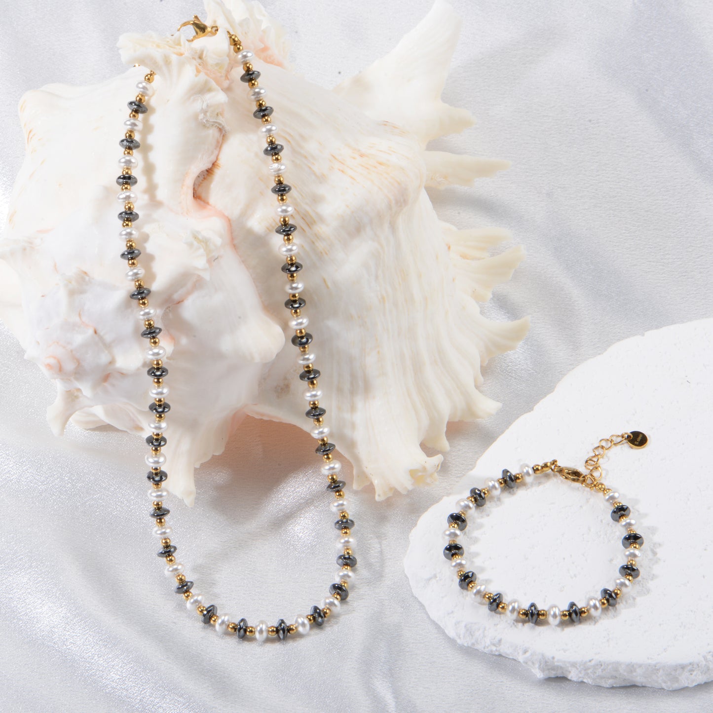 Carbon Fiber and Shell Pearl Necklace