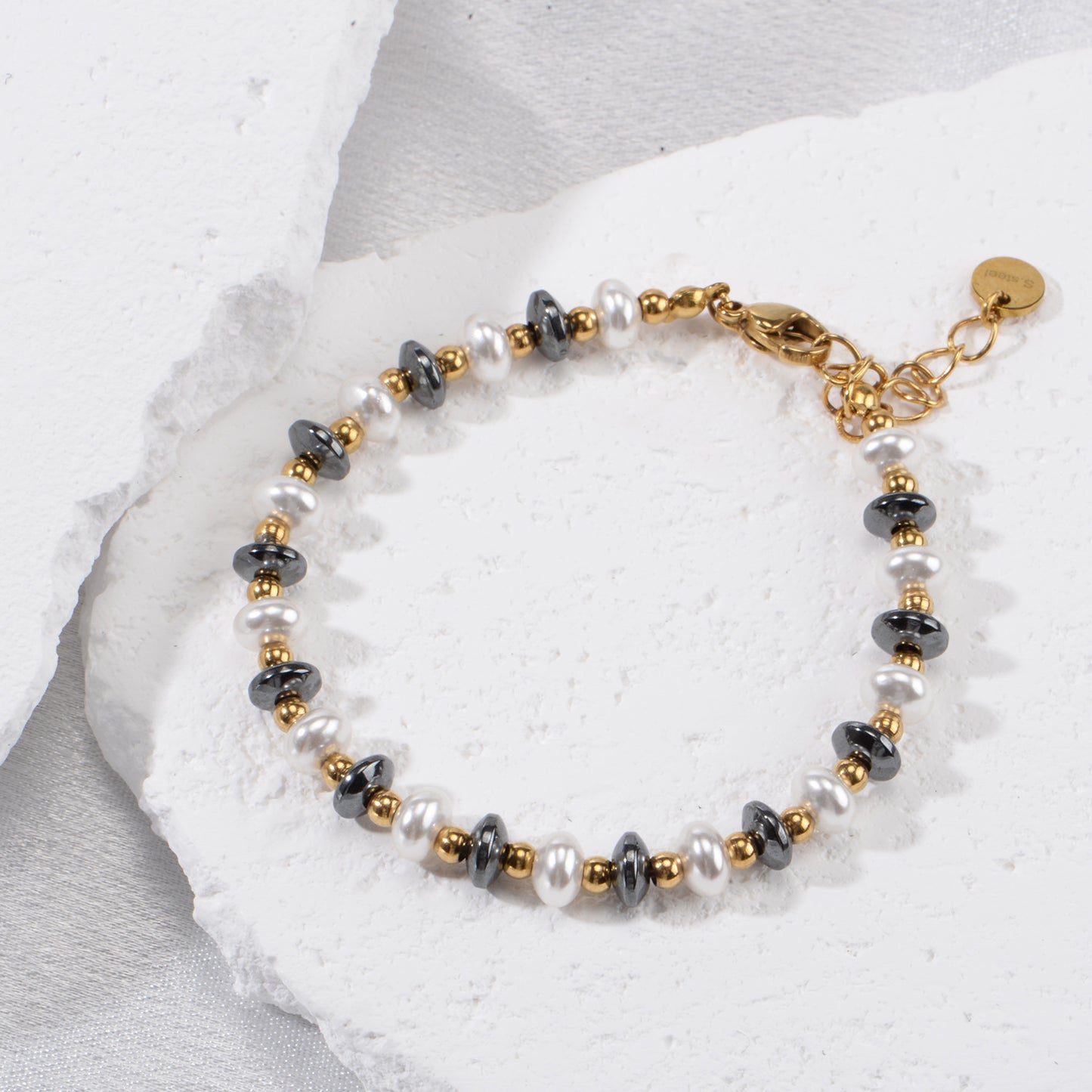 Carbon Fiber and Shell Pearl Bracelet