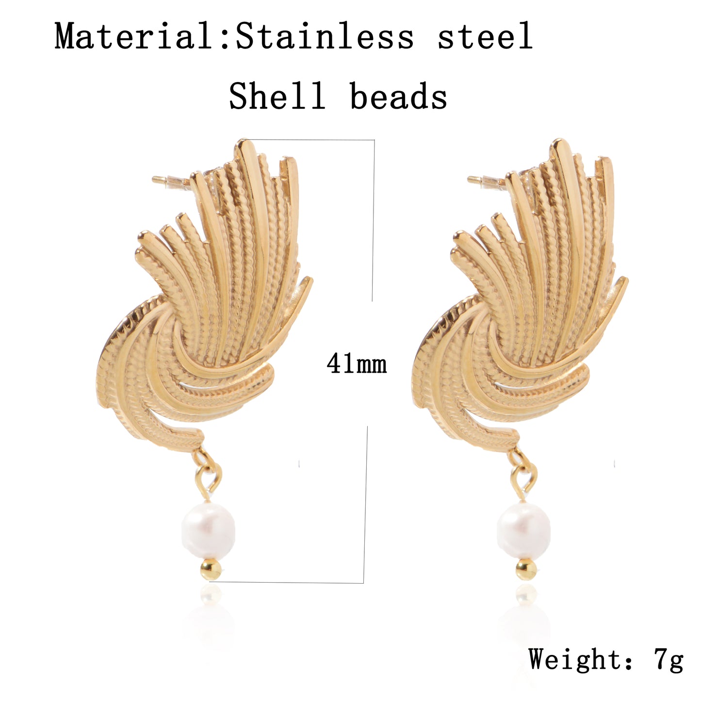 Stainless Steel 18K Gold-Plated Shell Pearl textured drop earring