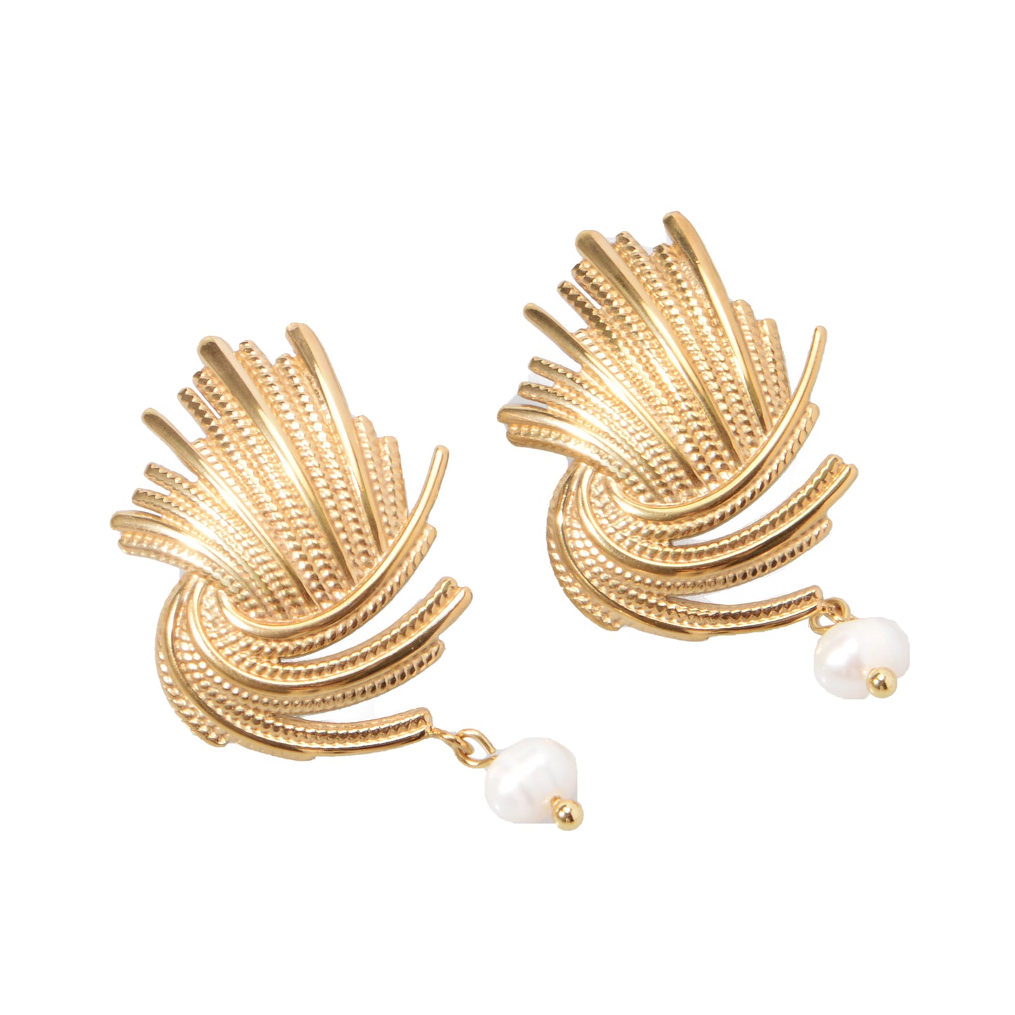 Stainless Steel 18K Gold-Plated Shell Pearl textured drop earring