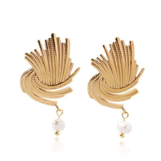Stainless Steel 18K Gold-Plated Shell Pearl textured drop earring