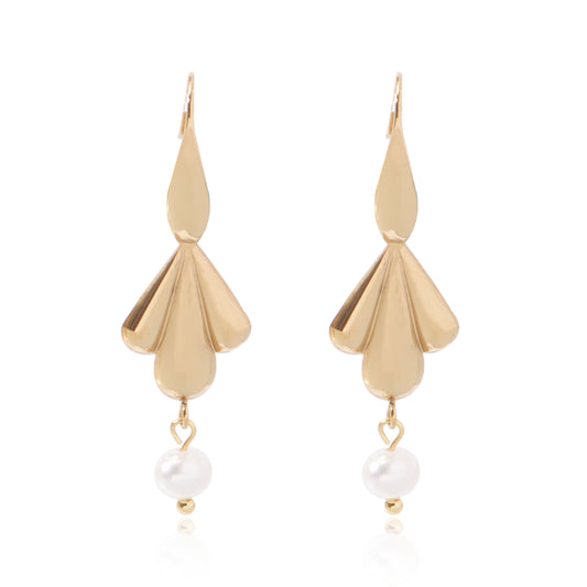Stainless Steel 18K Gold-Plated Shell Pearl Petal Drop Earring