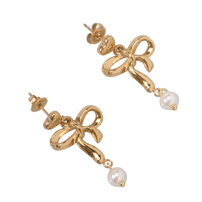 Stainless Steel 18K Gold-Plated Bow-Knot Shell Pearl Earrings