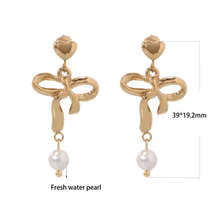 Stainless Steel 18K Gold-Plated Bow-Knot Shell Pearl Earrings