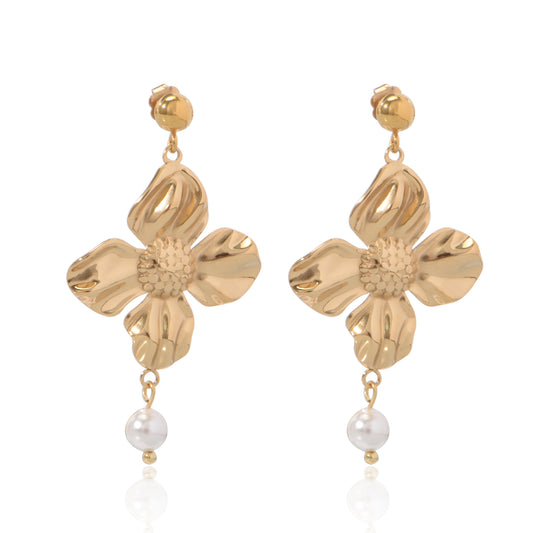 18K Gold-Plated Stainless Steel Shell Pearl Floral Earrings