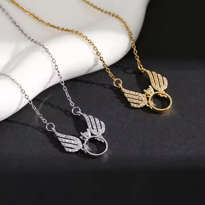 925 Sterling Silver CZ Angel Wing Necklace – Movable Wings Pendant for Women