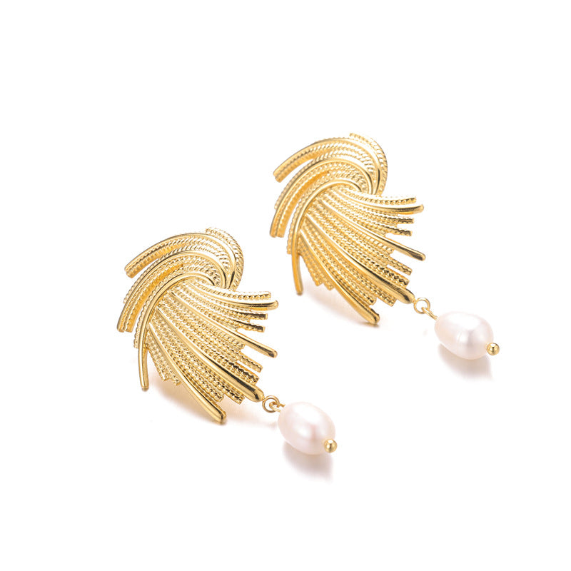 Stainless Steel 18K Gold-Plated Shell Pearl textured drop earring