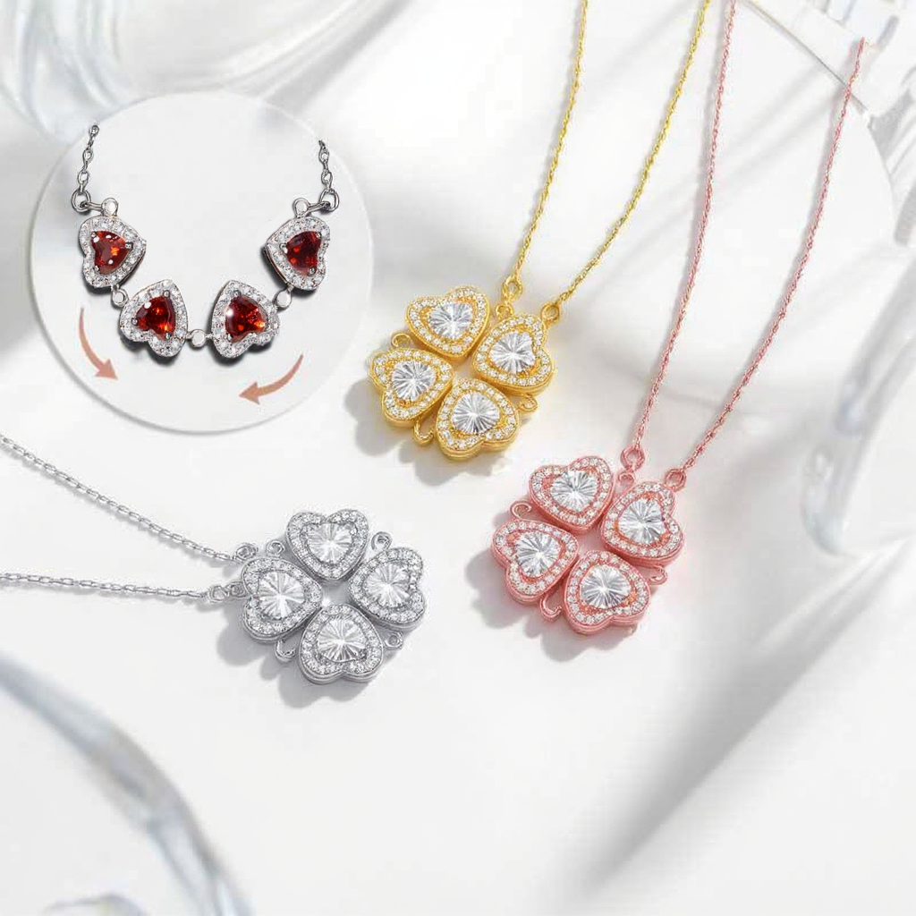 2-in-1 Convertible Heart Clover Necklace – 925 Sterling Silver Cubic Zirconia